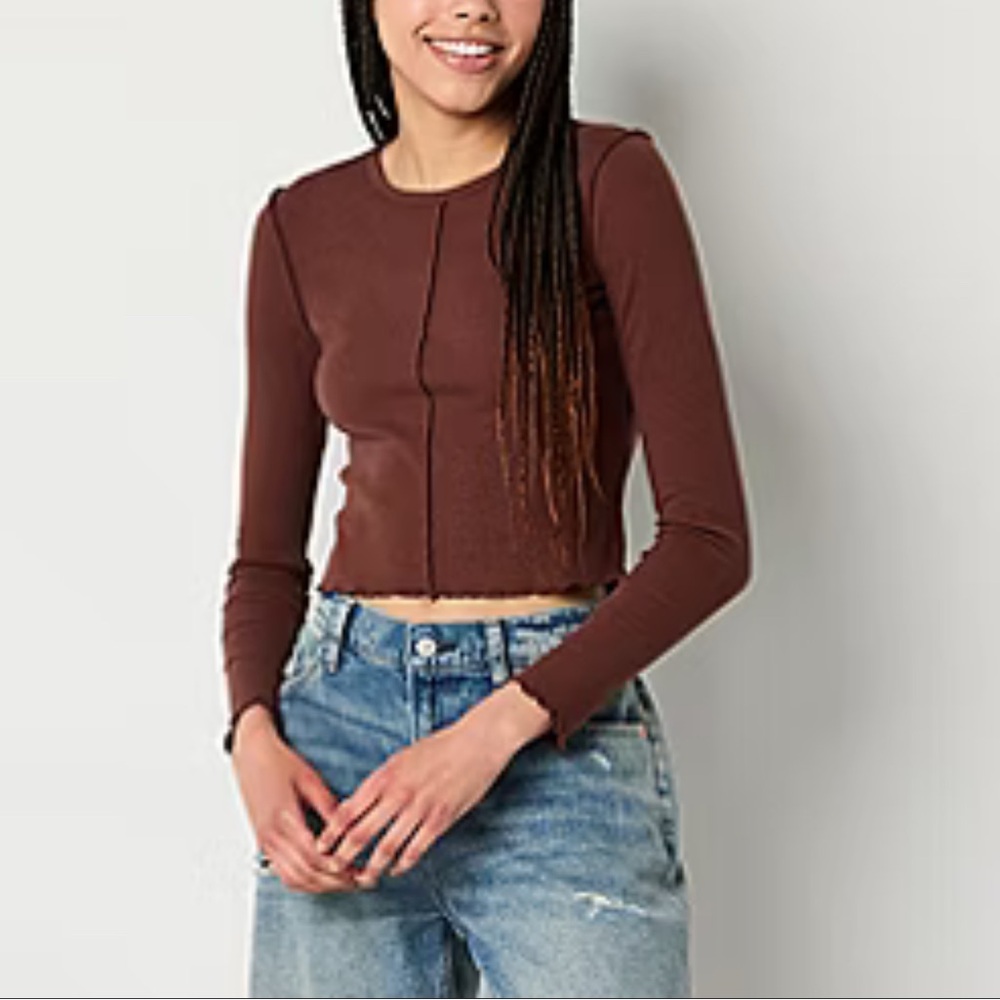 NWT Arizona Jean Company Brown Fitted Crop Long Sleeve Tee